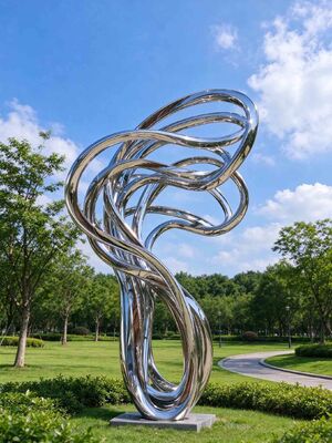 Escultura Abstracta Moderna Superficie Pulida Espejo Acero Inoxidable Decoración Artística Jardín Exterior Césped Curvas Fluidas